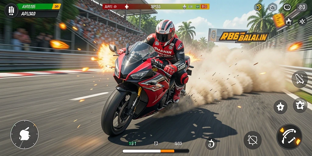 Tampilan gameplay balapan motor yang penuh aksi dan adrenalin.